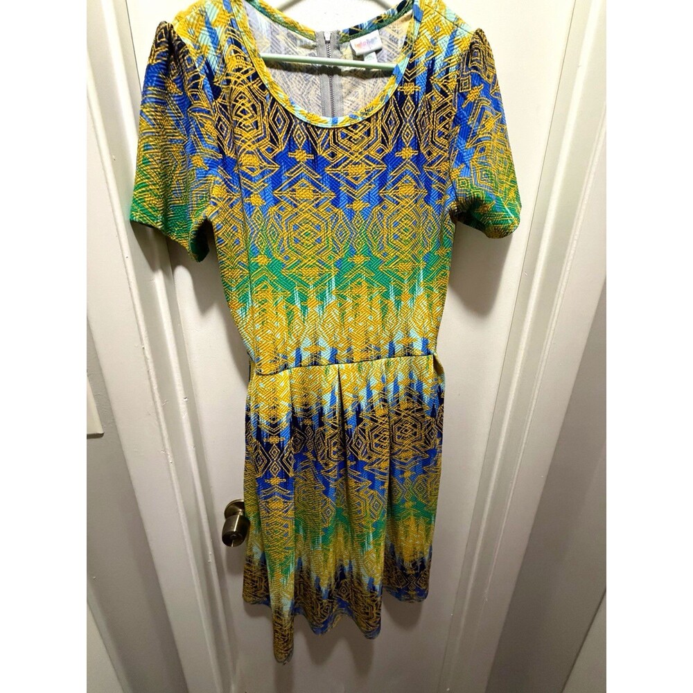 LuLaRoe Fit & Flare Dress 2X Geometric Blue Yellow Green Scoop Neck Zip Back
